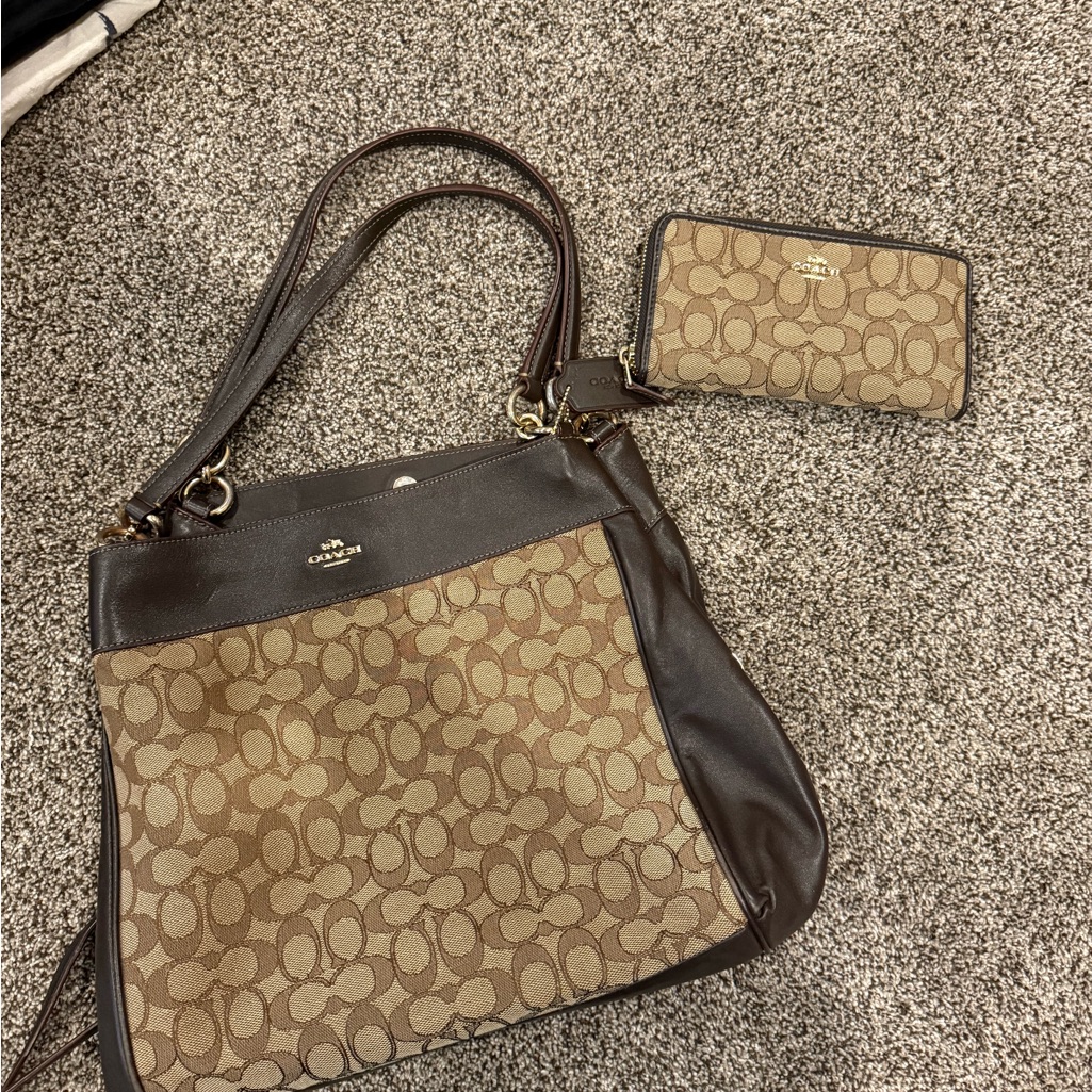 Coach Brown And Tan Signature Shoulder Bag And Wallet